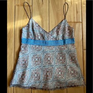 Silk camisole top - pretty pattern w/blue ribbon bodice